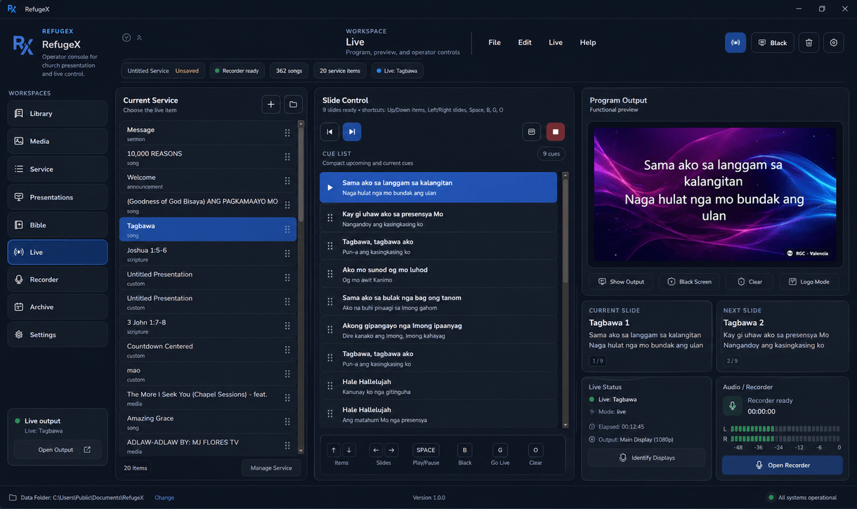 RefugeX live workspace mockup